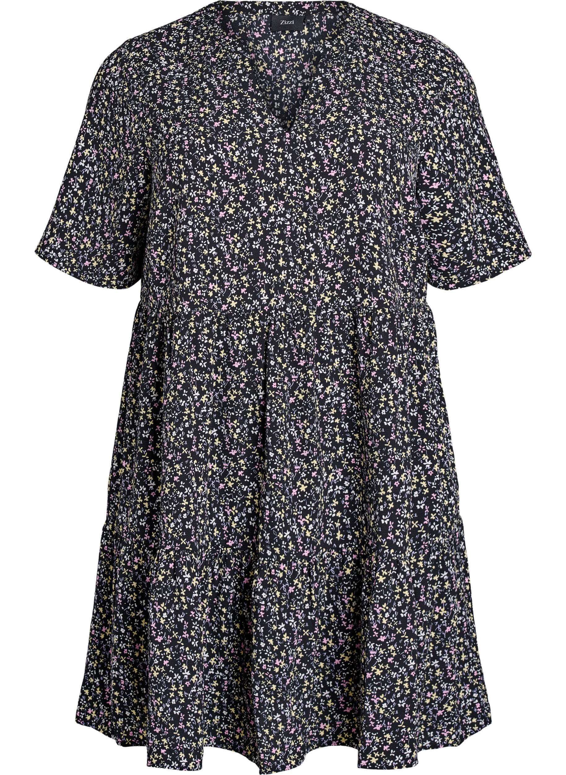 ZizzifashionShort sleeve dress with a-line and cutlines, Black, Packshot image number 0