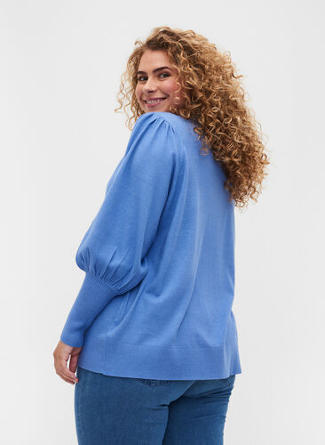 Knitted ribbed sweater with balloon sleeves, Ultramarine Mel, Model image number 1