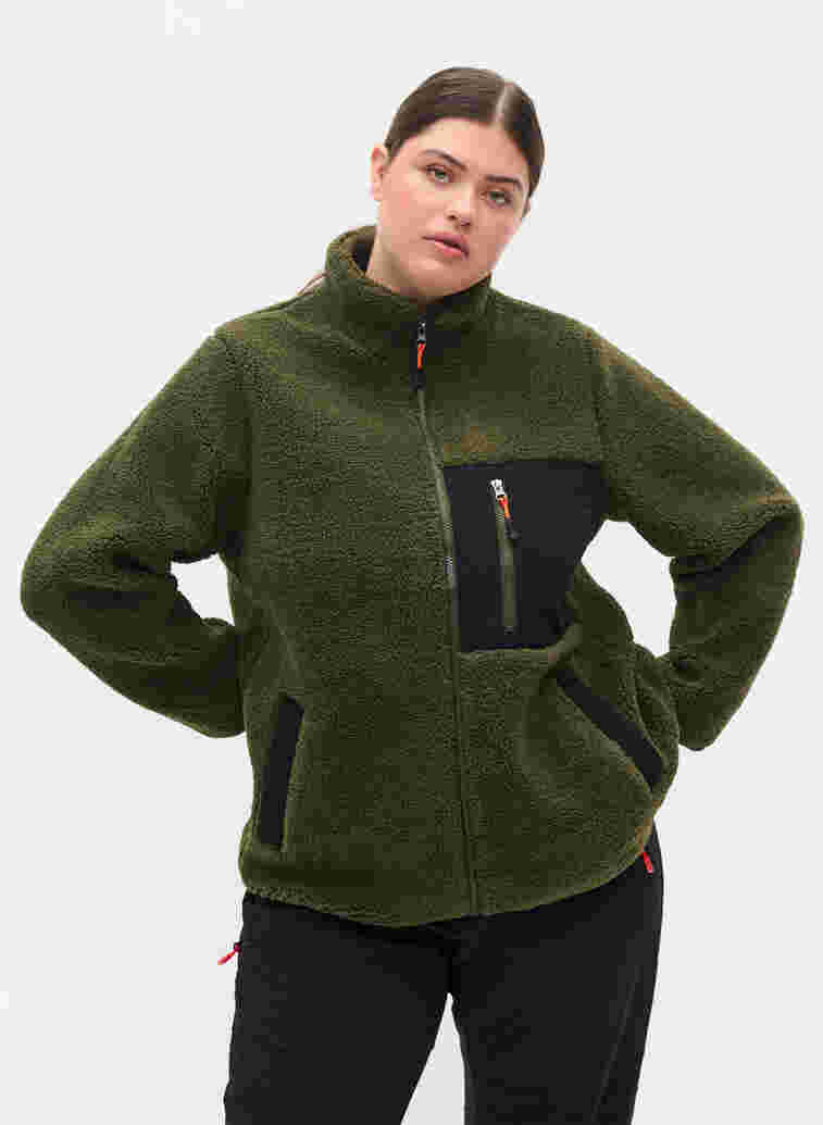Teddy jacket with zip and pockets, Forest Night, Model
