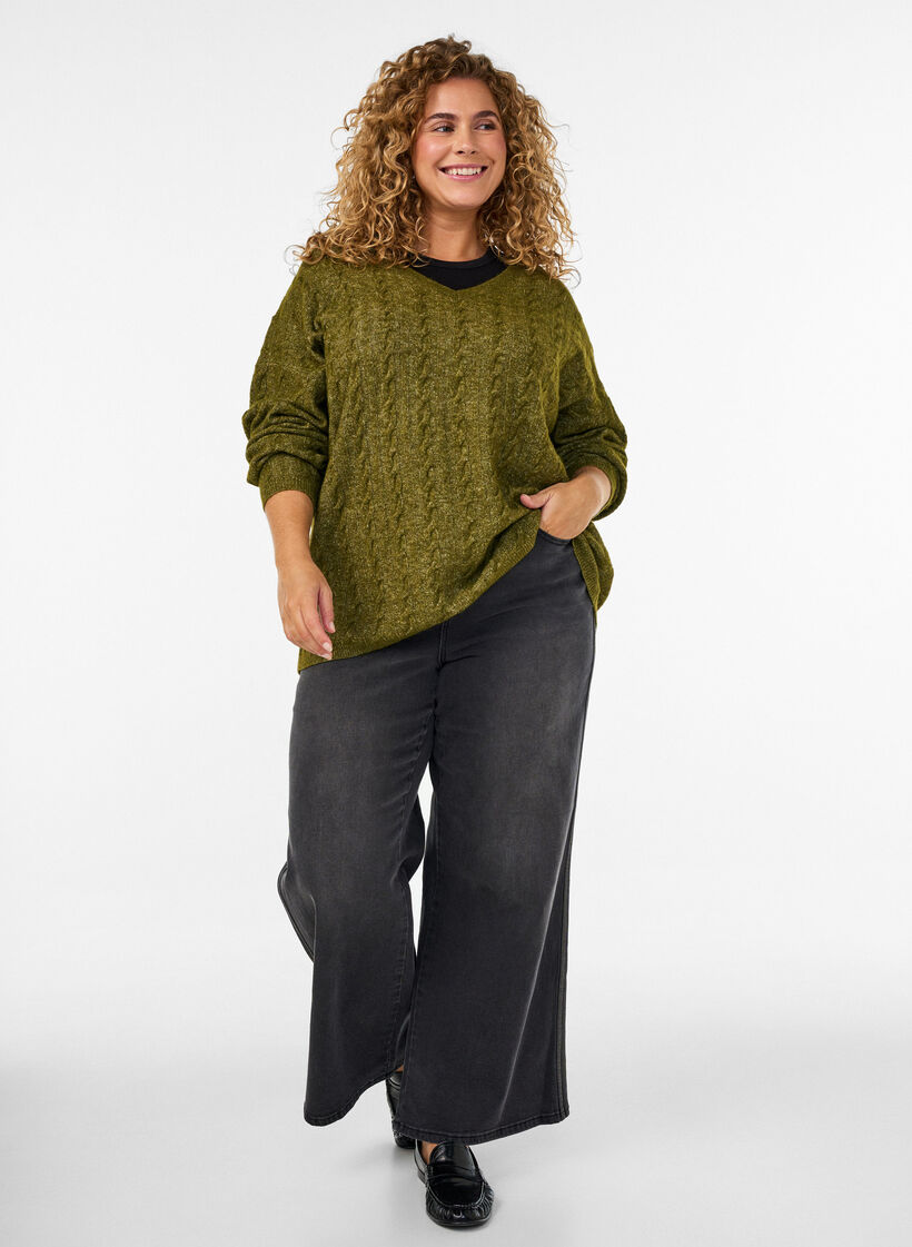 Knitted blouse with cable knit and V-neck, Green, Model image number 1