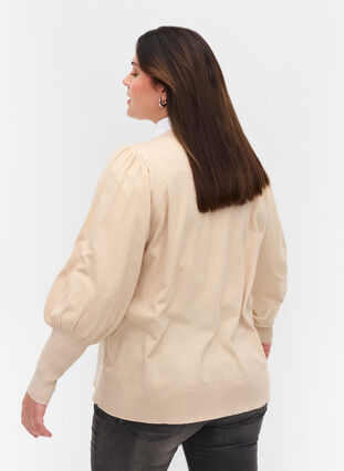Knitted ribbed sweater with balloon sleeves, Birch Mel, Model image number 1
