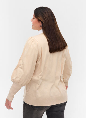 Knitted ribbed sweater with balloon sleeves, Birch Mel, Model image number 1