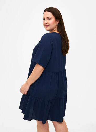 Short sleeve dress with a-line and cutlines, Navy Blazer, Model image number 1