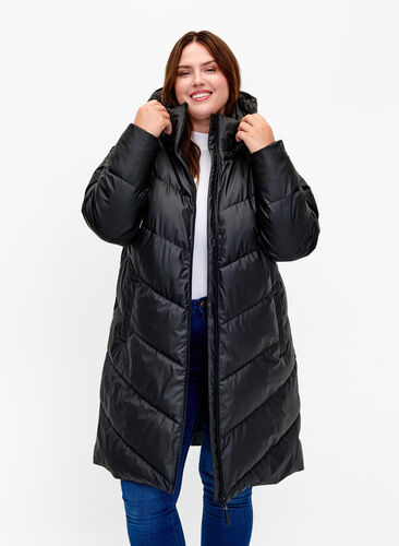 Water-repellent winter jacket with detachable hood, Black, Model image number 0