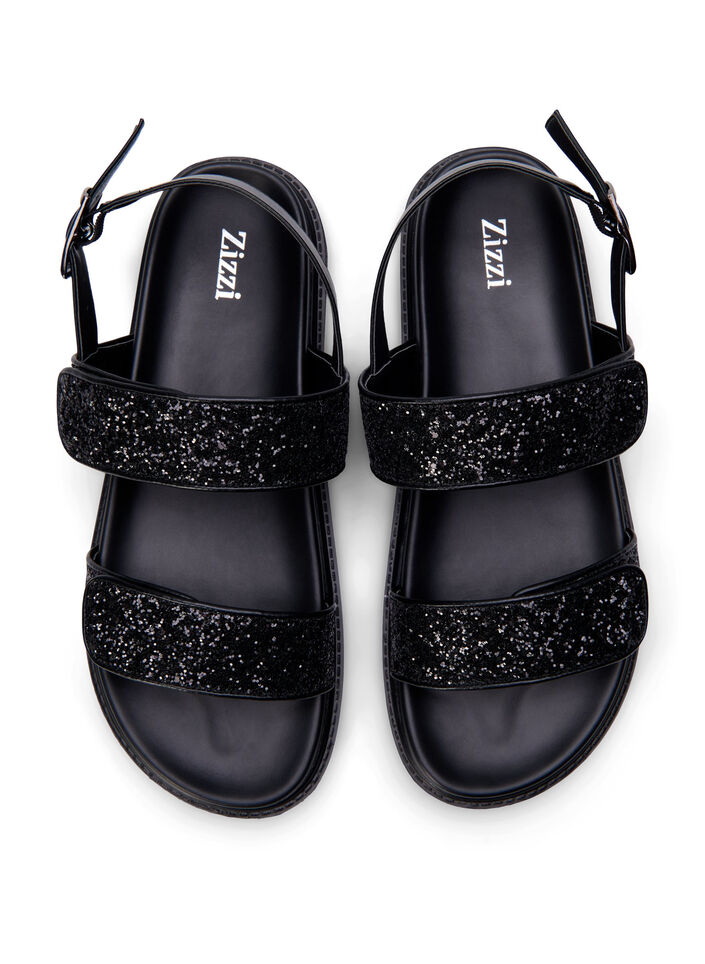 Wide fit glitter sandal with Velcro closure, Black, Packshot image number 2