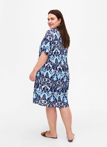 Short-sleeved viscose dress with print, Blue Ethnic AOP, Model image number 1