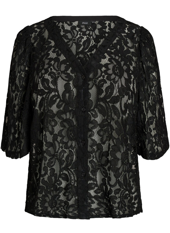 Short-sleeved lace blouse with V-neck, Black, Packshot image number 0