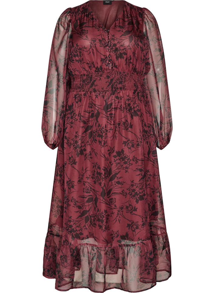 Maxi dress with floral print and smocking, Dark Bordeaux, Packshot image number 0