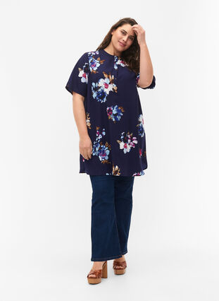 FLASH - Floral tunic with short sleeves, Big Blue Flower, Model image number 2