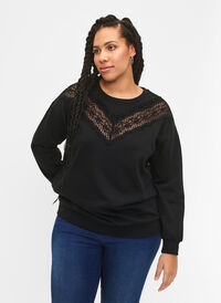 Sweatshirt with ruffle and crochet detail, Black, Model