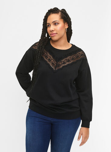 Sweatshirt with ruffle and crochet detail, Black, Model image number 0