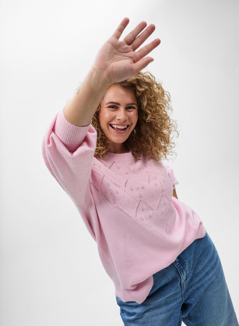 Knitted top with openwork pattern and balloon sleeves, Rose, Model image number 2