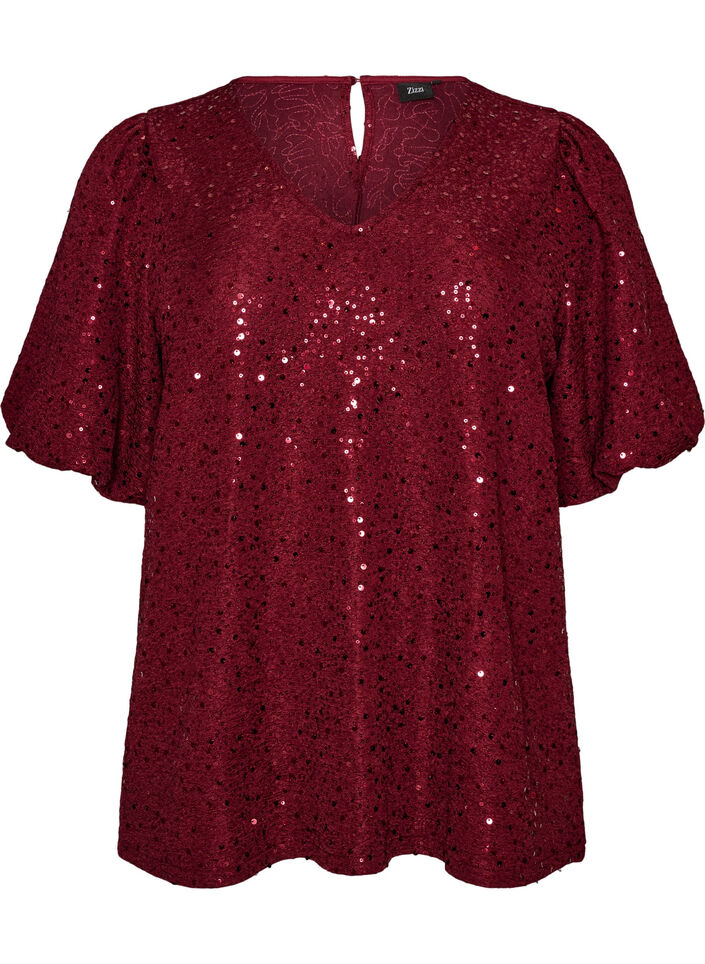 Sequin blouse with balloon sleeves, Red, Packshot image number 0