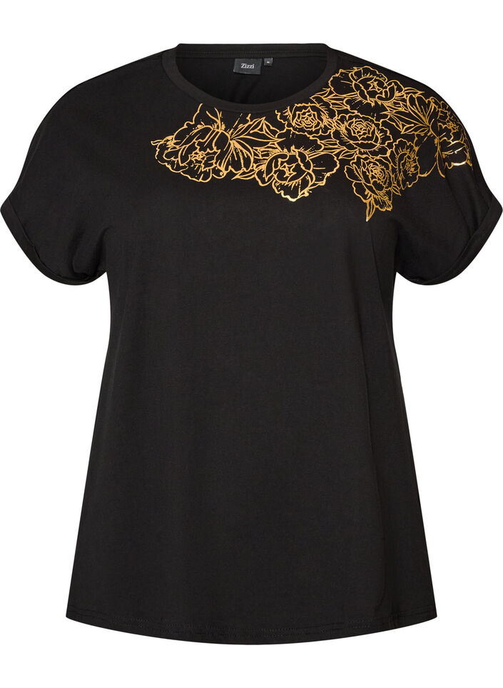 Cotton T-shirt with floral print, Black, Packshot image number 0