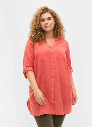 Long shirt with 3/4 sleeves and v-neckline, Hot Coral, Model image number 0