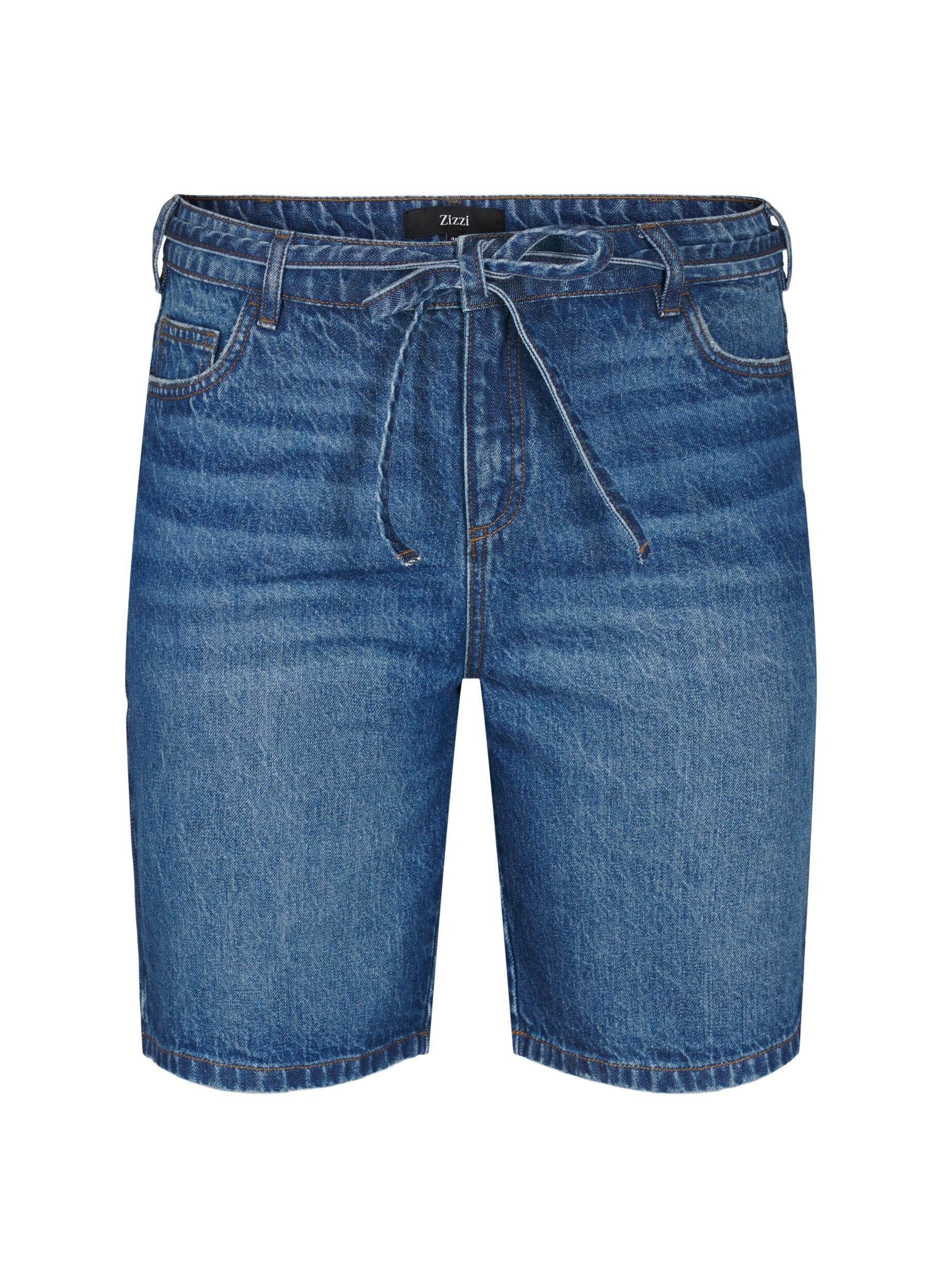 Straight fit denim shorts with tie belt