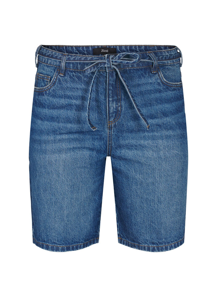 Straight fit denim shorts with tie belt, Blue, Packshot image number 0