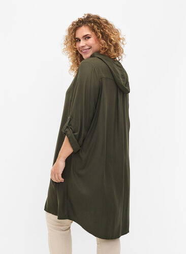 Shirt dress in viscose with hood and 3/4 sleeves, Thyme, Model image number 1