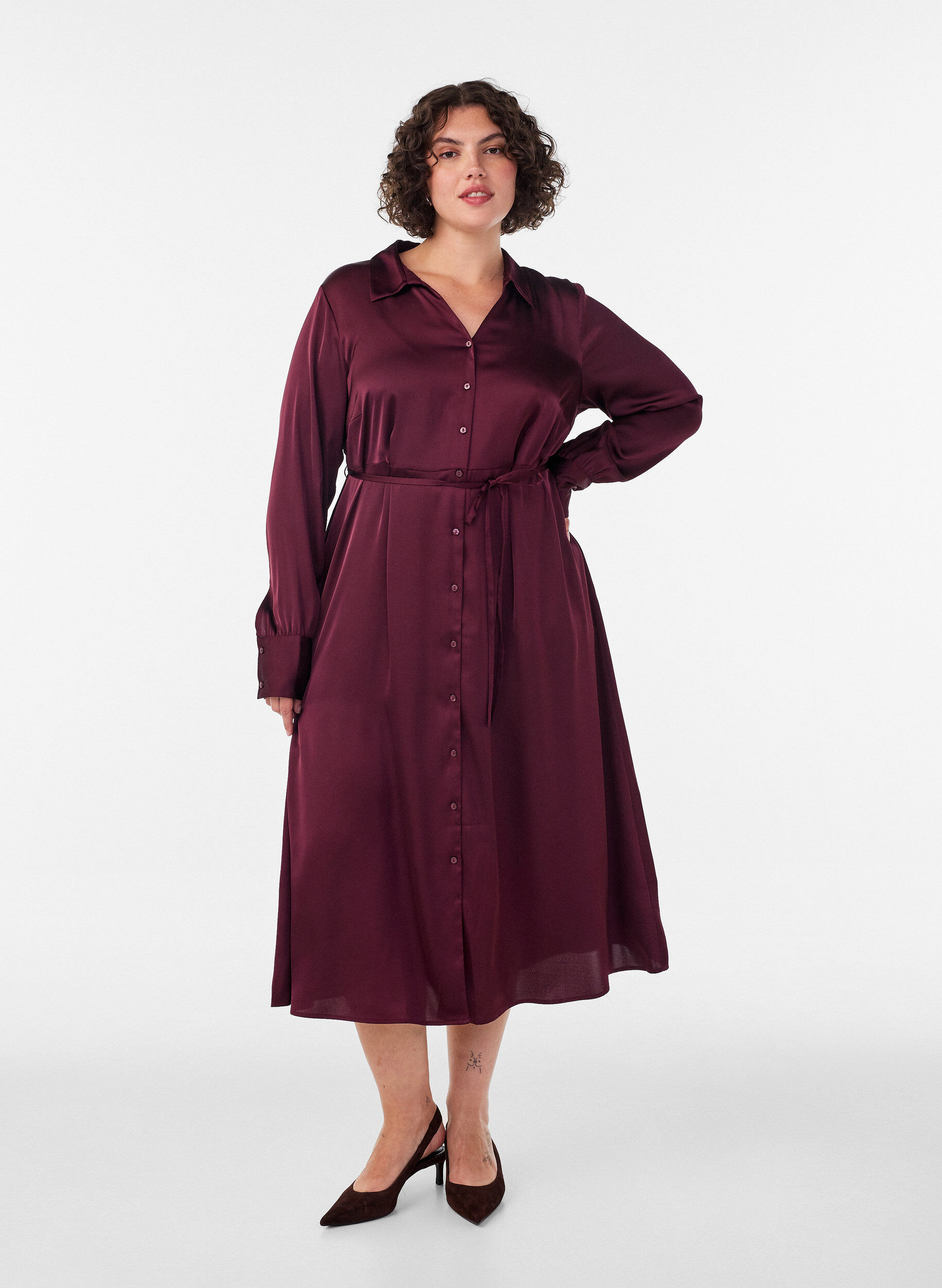 ZizzifashionSatin shirt dress with a tie-belt, Red, Model image number 1
