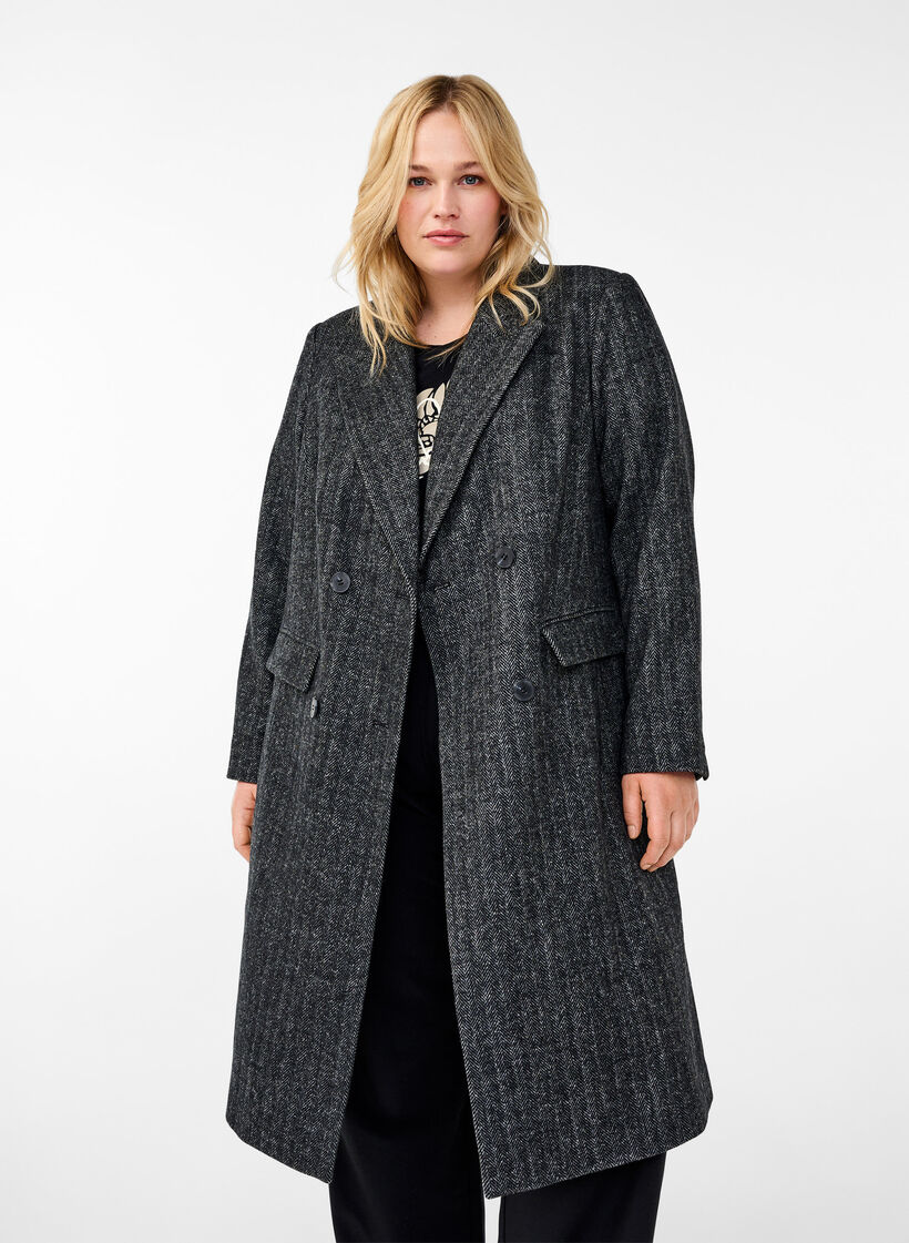Long wool coat with herringbone pattern, Dark Grey Melange, Model image number 0