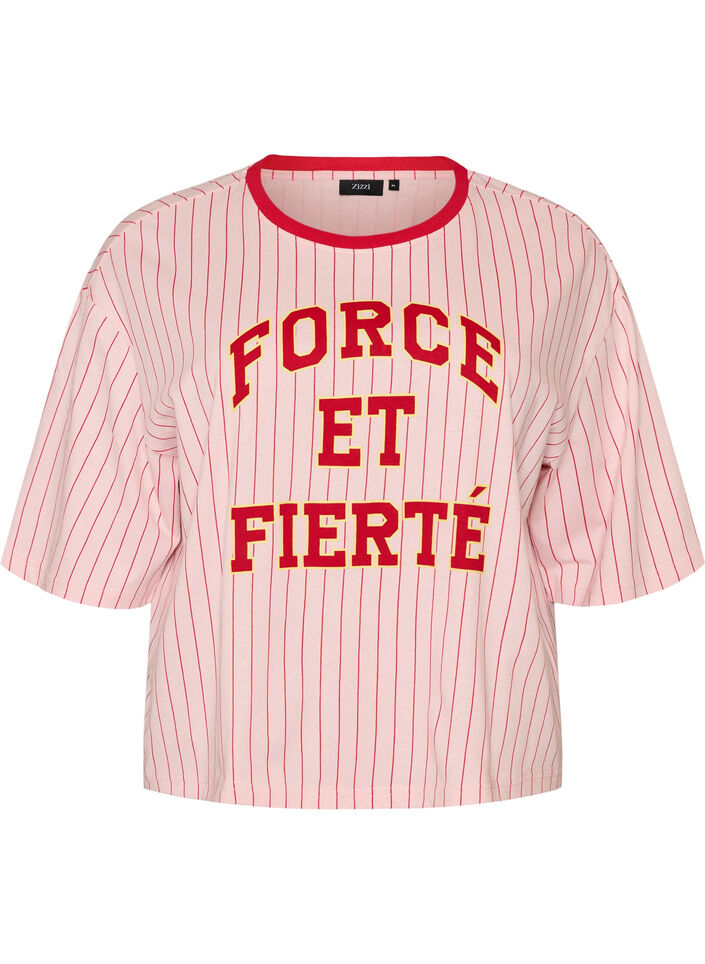 Boxy T-shirt with stripes and statement print, Rose, Packshot image number 0