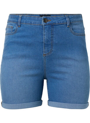 High waisted denim shorts with slim fit, Medium Blue Denim, Packshot image number 0