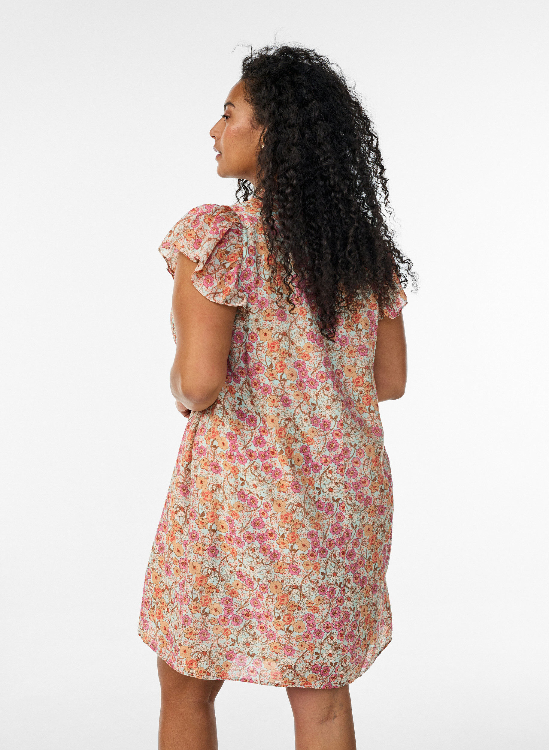 ZizzifashionShort viscose dress with smocking and floral print, Orange, Model image number 2