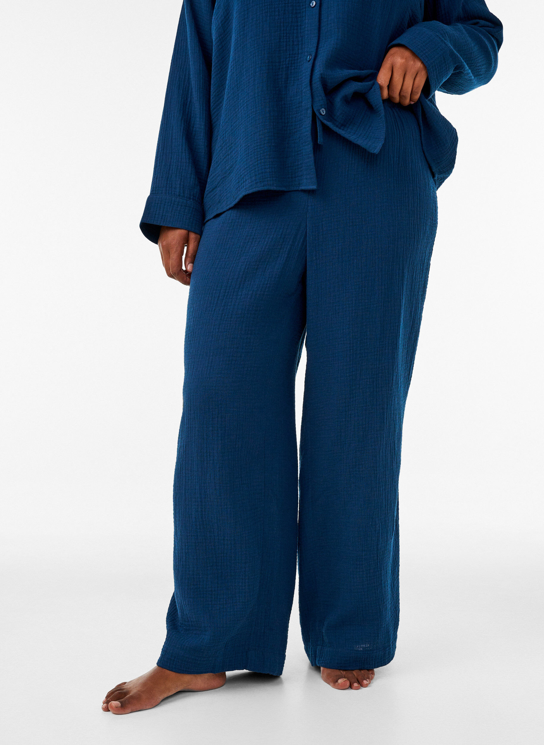 ZizzifashionLoose cotton muslin pyjama bottoms, Blue, Model image number 2