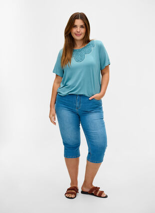 Short-sleeved viscose t-shirt with lace details, Smoke Blue, Model image number 2