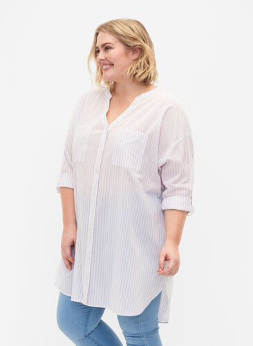 Striped tunic with v neck and buttons, Lavender Stripe, Model image number 0