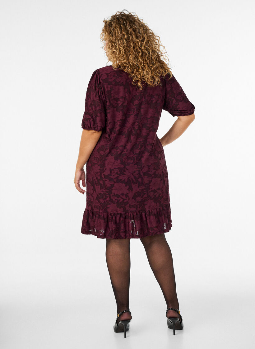 Dress with floral texture and ruffle hem, Red, Model image number 2