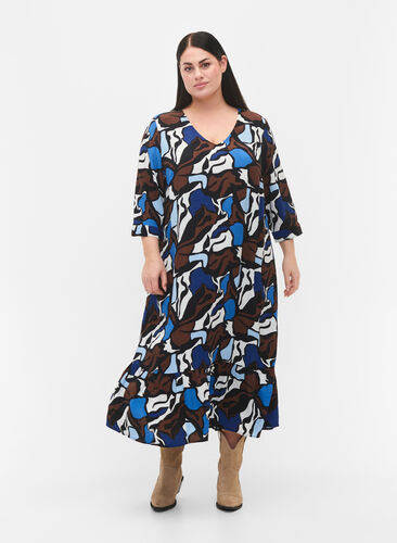Dress in viscose with print and 3/4 sleeves, Zafia AOP, Model image number 0