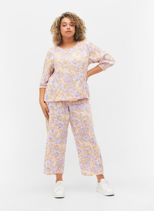 Floral viscose blouse with smock and 3/4 sleeves, Rose Ditsy AOP, Model image number 2