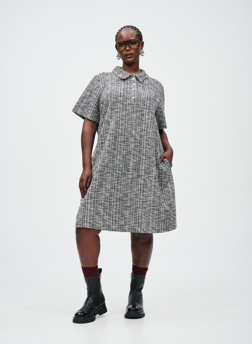 Short dress in textured jersey with a graphic check, Off White Check, Image image number 0
