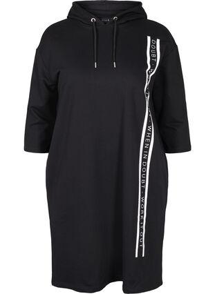 Sweatshirt hooded dress with 3/4 sleeves, Black, Packshot image number 0