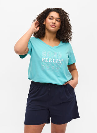 Cotton t-shirt with a v-neck, Aqua Sea Good F., Model image number 0