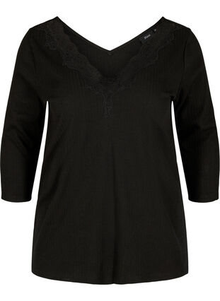 Blouse with 3/4 sleeves and lace details, Black, Packshot image number 0