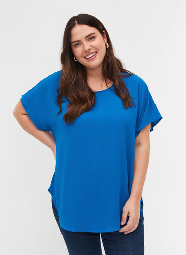 Blouse with short sleeves and a round neckline, Princess Blue, Model image number 0