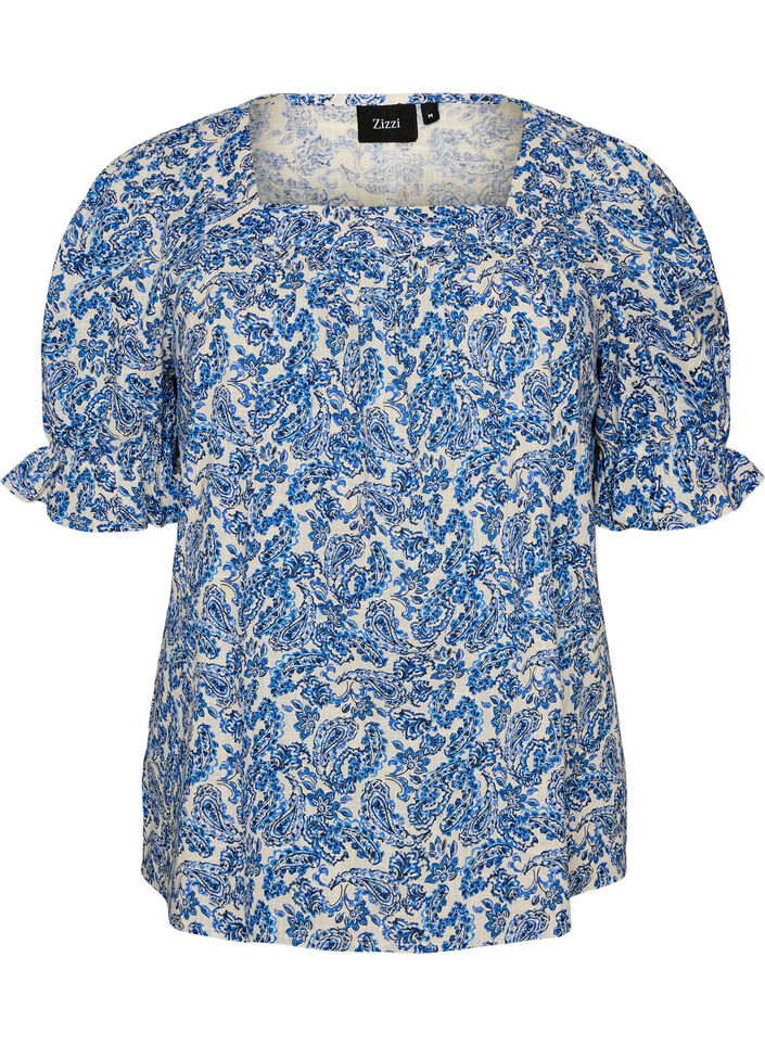 Cotton blouse with a square neckline, Blue, Packshot image number 0