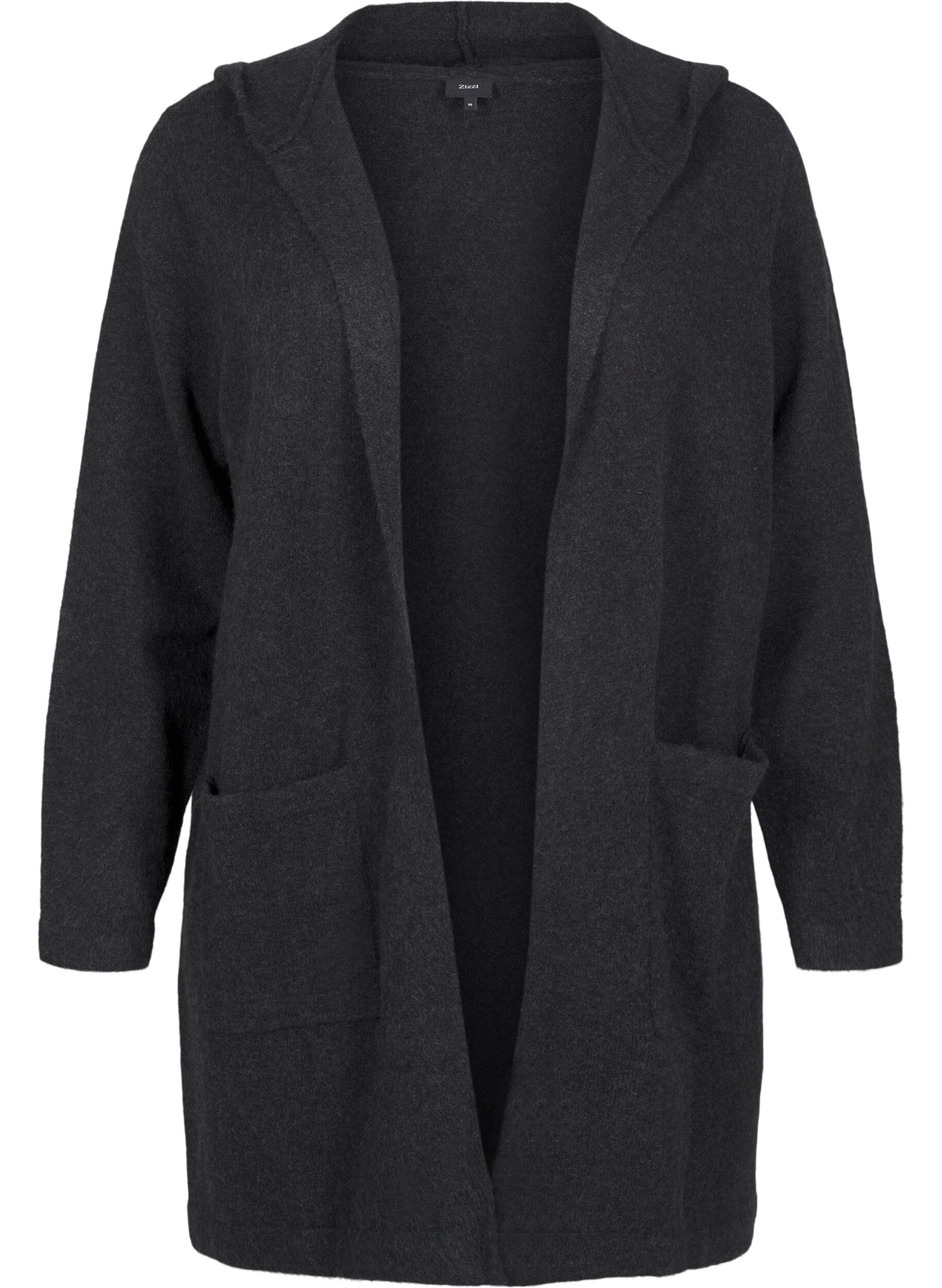Zizzifashion Long knitted cardigan with wool and hood, Dark Grey Melange, Packshot image number 0