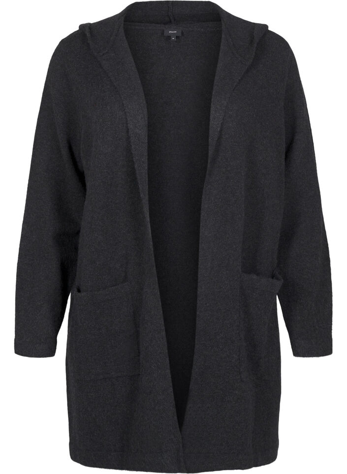 Long knitted cardigan with wool and hood, Dark Grey Melange, Packshot image number 0