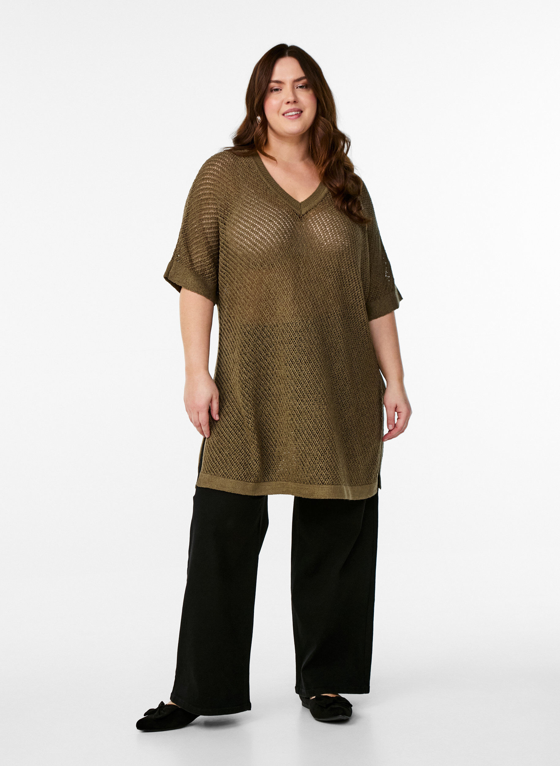 Zizzifashion FLASH - Short-sleeved knitted blouse with v-neck, Green, Model image number 1