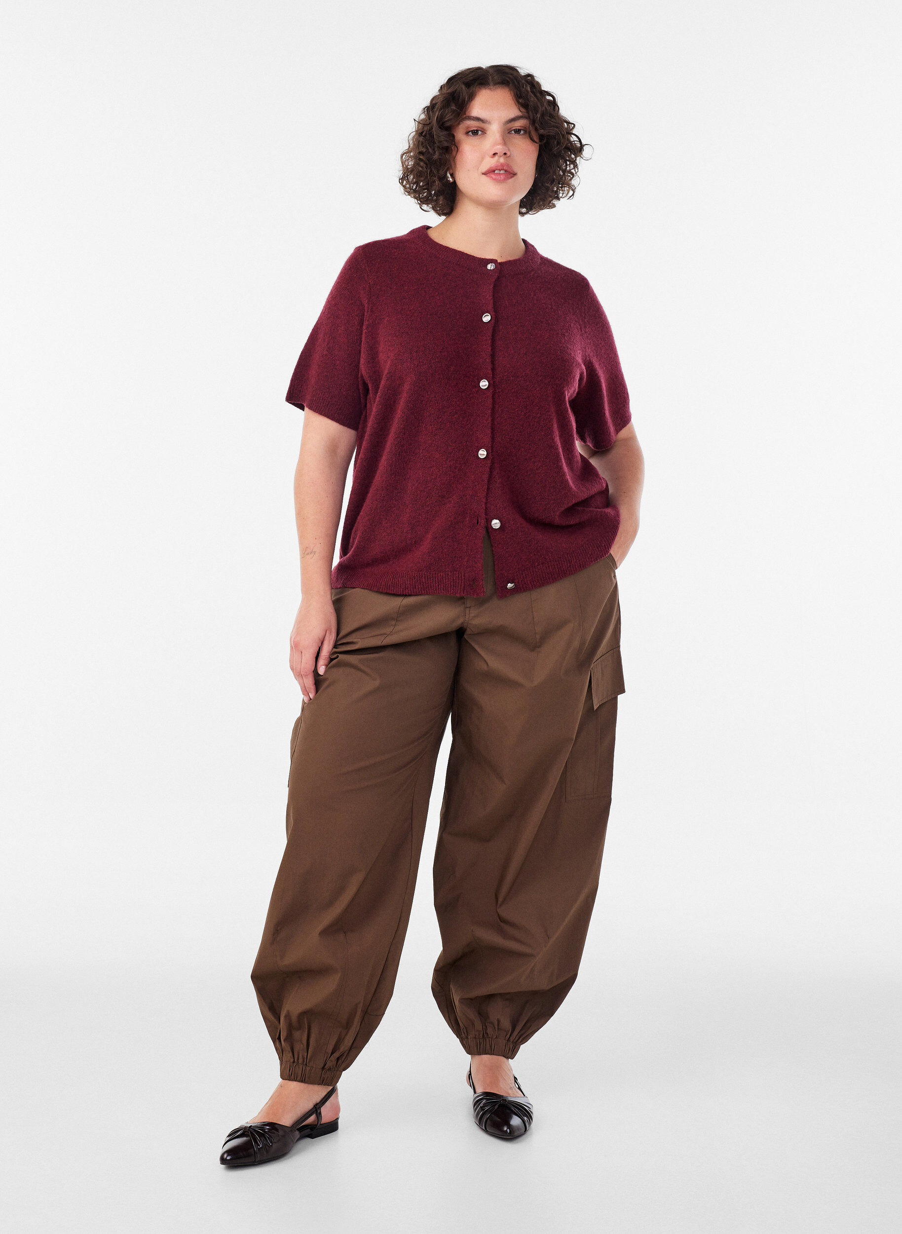 ZizzifashionKnit cardigan with short sleeves, Red, Model image number 1