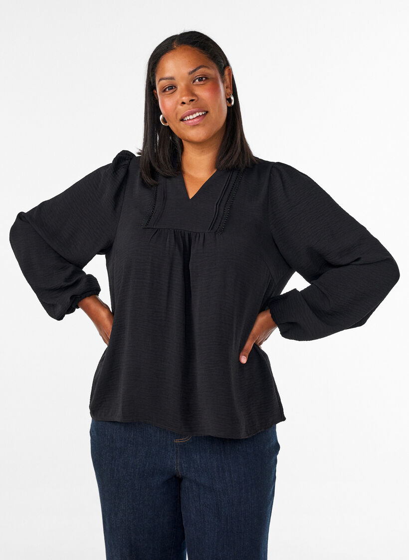 Blouse with V-neck and crochet band, Black, Model image number 0