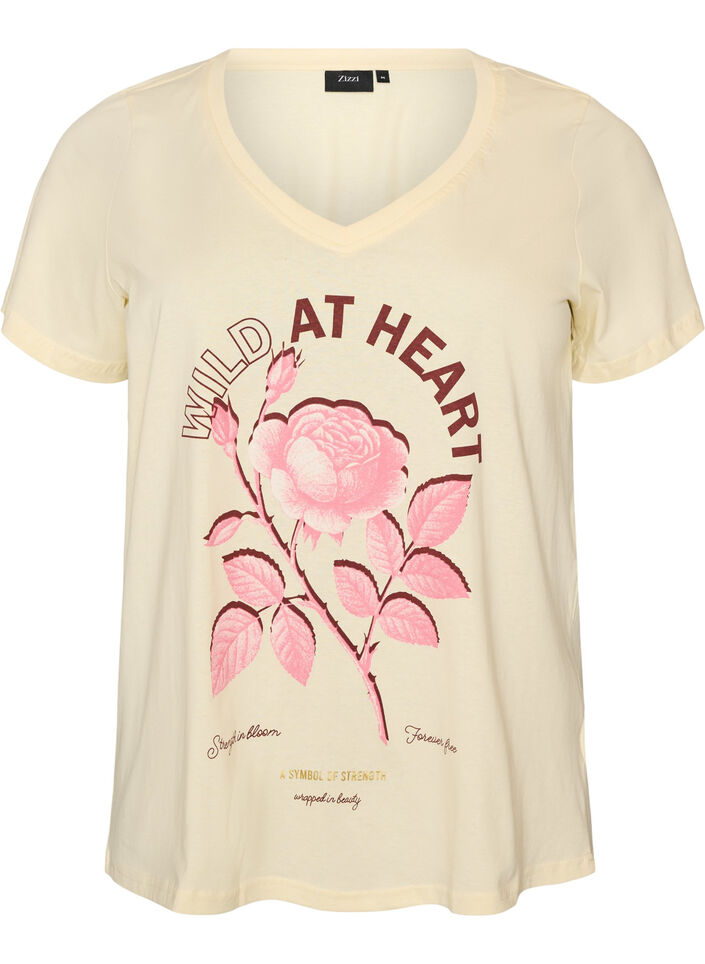 Cotton T-shirt with front print and V-neck, Beige, Packshot image number 0