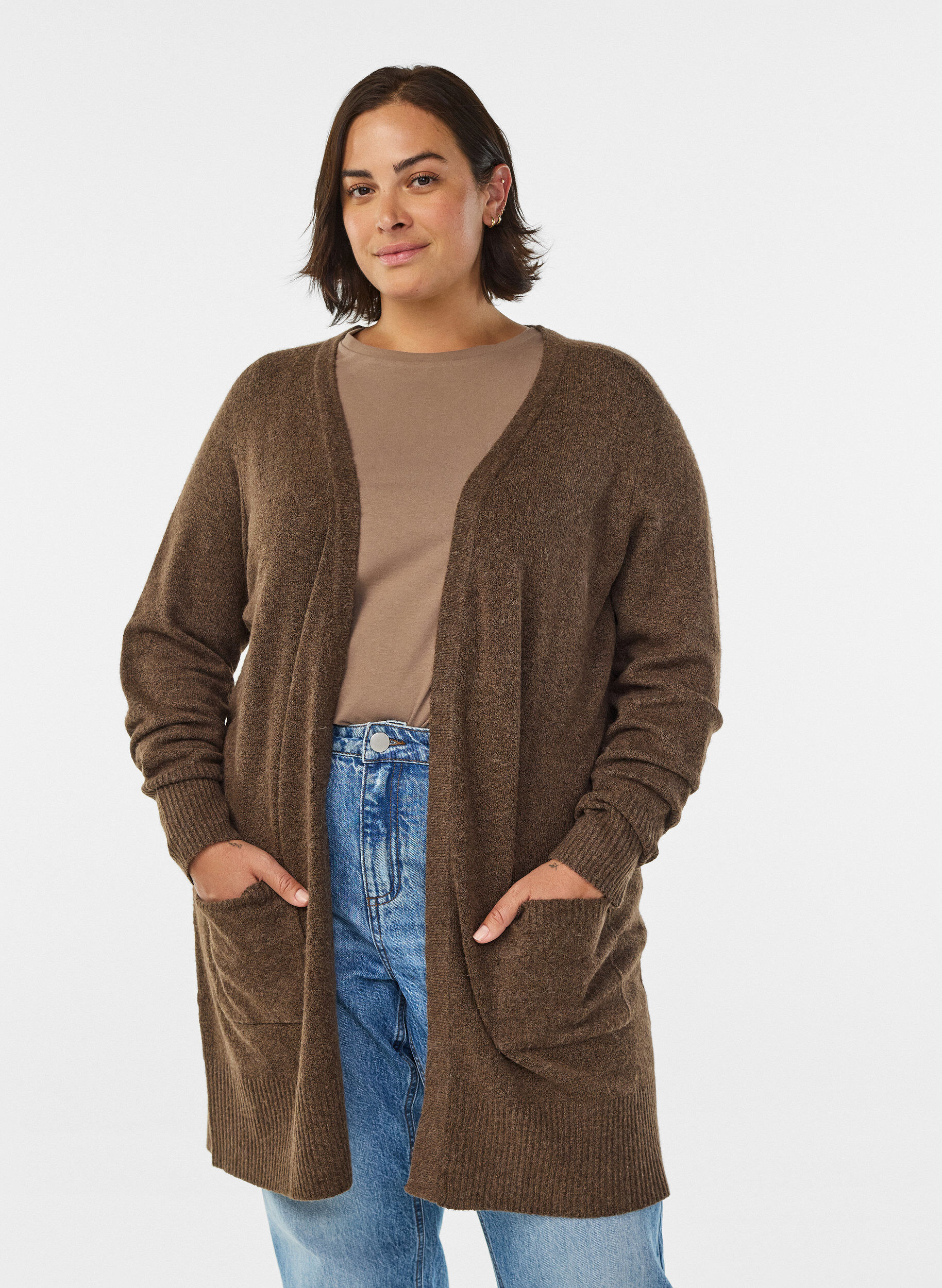 ZizzifashionRibbed Knit Cardigan with Pockets, Brown, Model image number 0
