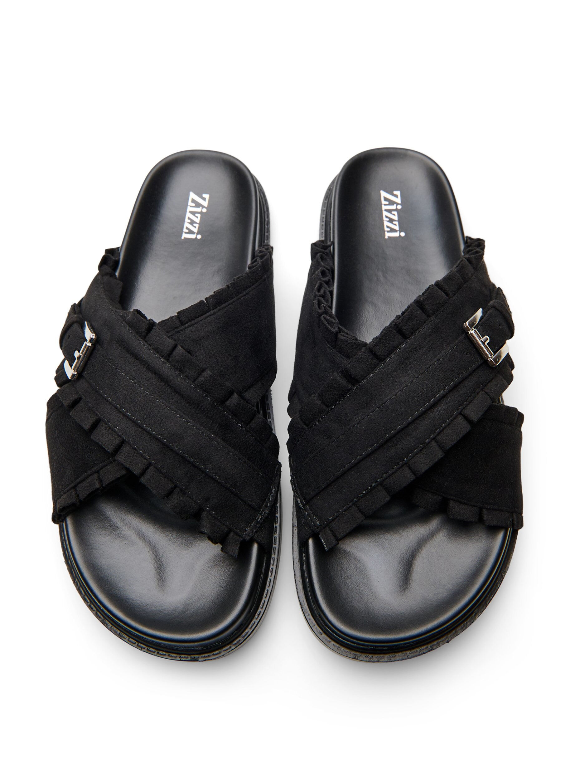 Zizzifashion Sandals with crossed straps and ruffle edges, Black, Packshot image number 3