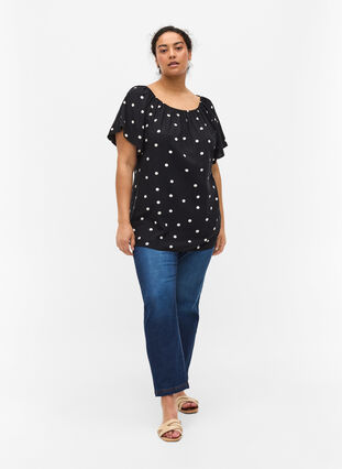 Short-sleeved polka dot viscose blouse, Black w. Dot, Model image number 2