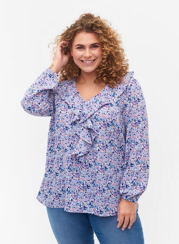 Printed blouse with ruffles, Purple Ditzy Flower, Model image number 0