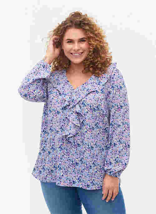 Printed blouse with ruffles, Purple Ditzy Flower, Model
